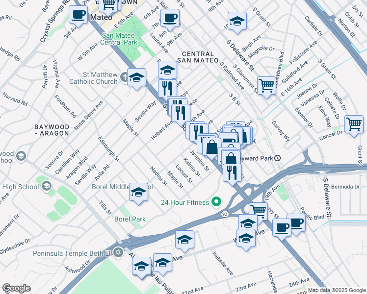 map of restaurants, bars, coffee shops, grocery stores, and more near 20 Barneson Avenue in San Mateo