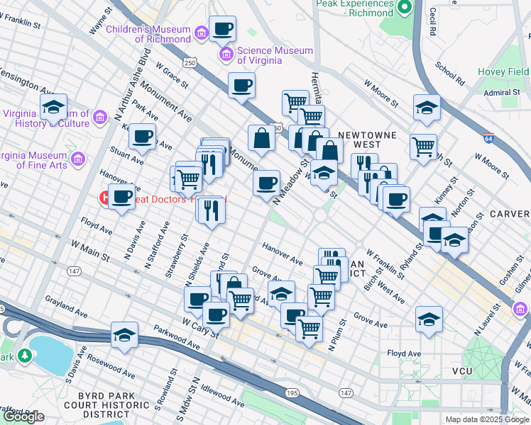 map of restaurants, bars, coffee shops, grocery stores, and more near 404 North Meadow Street in Richmond