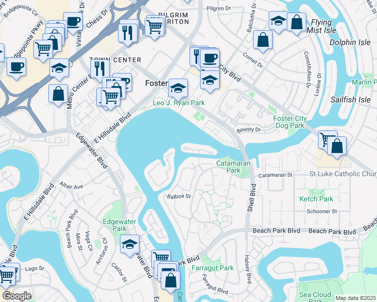 map of restaurants, bars, coffee shops, grocery stores, and more near 926 Lido Lane in Foster City