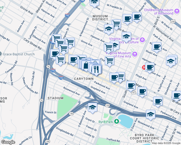 map of restaurants, bars, coffee shops, grocery stores, and more near 3200 West Cary Street in Richmond