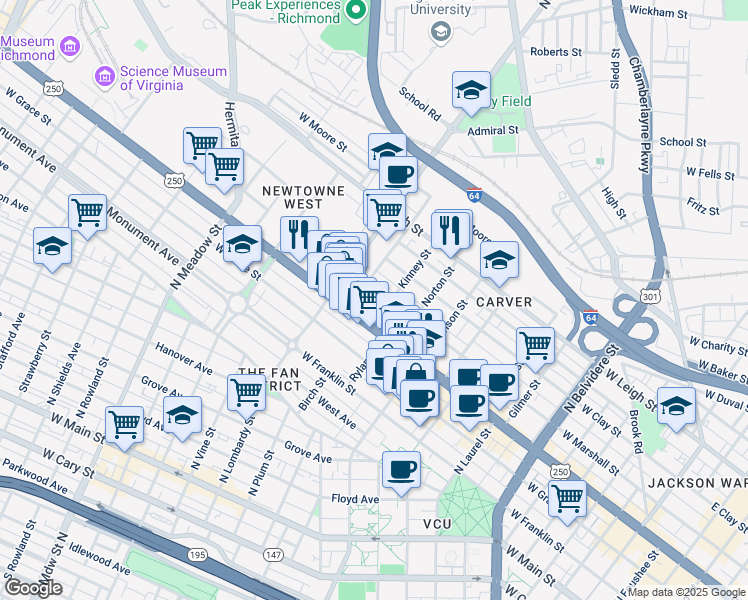 map of restaurants, bars, coffee shops, grocery stores, and more near 609 Bowe Street in Richmond