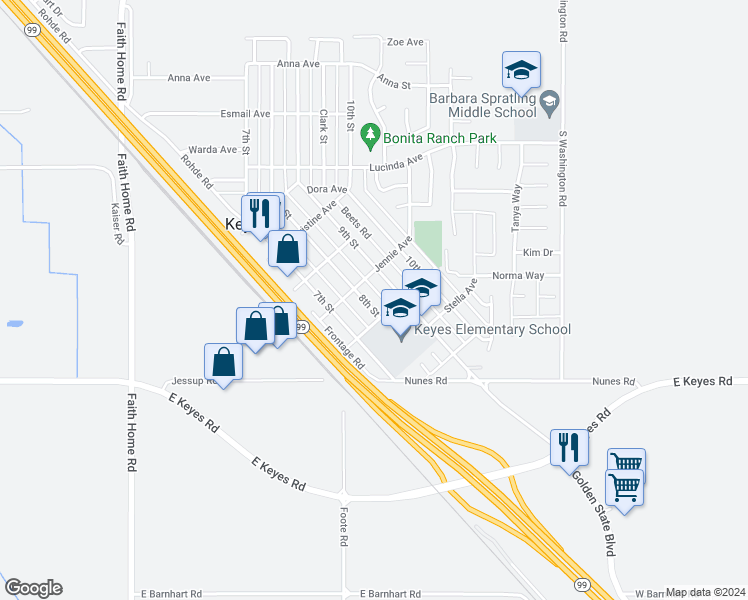 map of restaurants, bars, coffee shops, grocery stores, and more near 5616 8th Street in Keyes