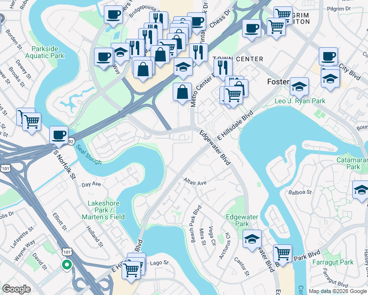 map of restaurants, bars, coffee shops, grocery stores, and more near 840 Sea Spray Lane in Foster City