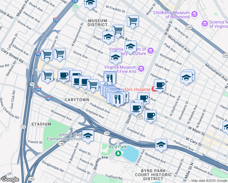 map of restaurants, bars, coffee shops, grocery stores, and more near 3010 Ellwood Avenue in Richmond