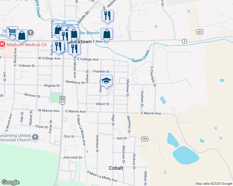 map of restaurants, bars, coffee shops, grocery stores, and more near 510 Anthony Street in Fredericktown