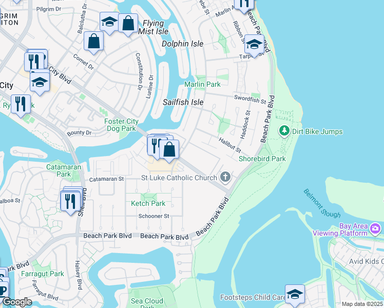 map of restaurants, bars, coffee shops, grocery stores, and more near 736 Marlin Avenue in Foster City