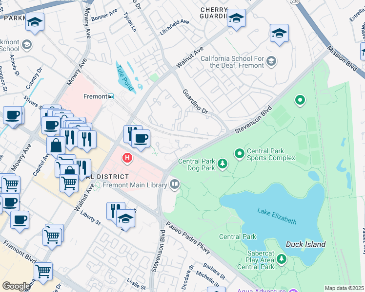 map of restaurants, bars, coffee shops, grocery stores, and more near 1995 Barrymore Common in Fremont