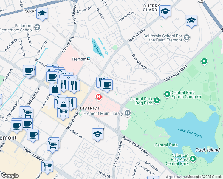 map of restaurants, bars, coffee shops, grocery stores, and more near 39430 Civic Center Drive in Fremont