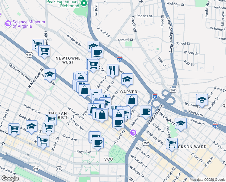 map of restaurants, bars, coffee shops, grocery stores, and more near 1208 West Clay Street in Richmond