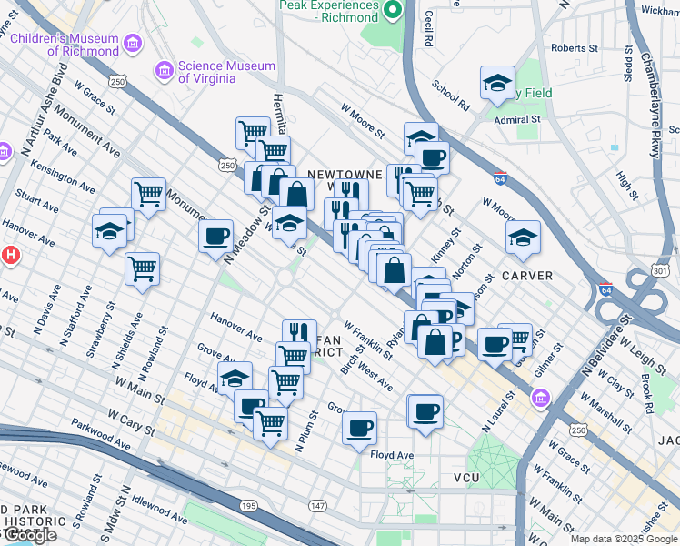map of restaurants, bars, coffee shops, grocery stores, and more near in Richmond