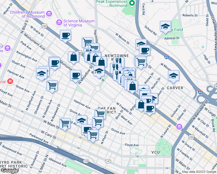 map of restaurants, bars, coffee shops, grocery stores, and more near 1641 West Grace Street in Richmond