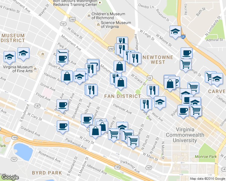map of restaurants, bars, coffee shops, grocery stores, and more near 2008 Stuart Avenue in Richmond