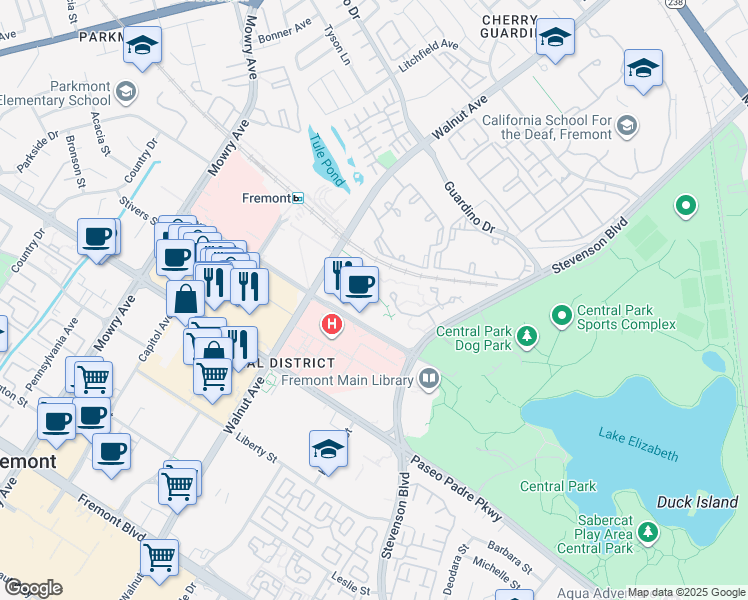 map of restaurants, bars, coffee shops, grocery stores, and more near 39410 Civic Center Drive in Fremont