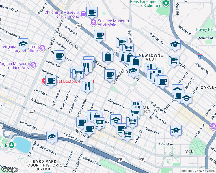map of restaurants, bars, coffee shops, grocery stores, and more near 2008 Stuart Avenue in Richmond