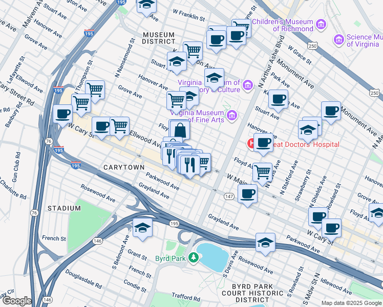 map of restaurants, bars, coffee shops, grocery stores, and more near 12 North Sheppard Street in Richmond