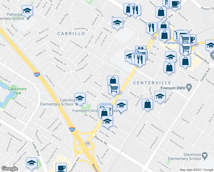 map of restaurants, bars, coffee shops, grocery stores, and more near 4638 Balboa Way in Fremont