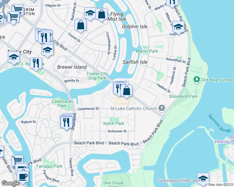 map of restaurants, bars, coffee shops, grocery stores, and more near 1000 Foster City Boulevard in Foster City