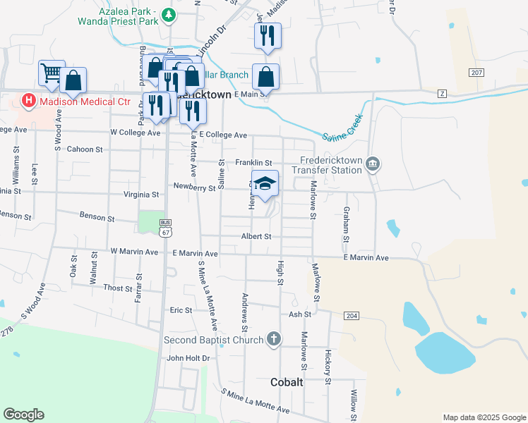 map of restaurants, bars, coffee shops, grocery stores, and more near 419 Newberry Street in Fredericktown