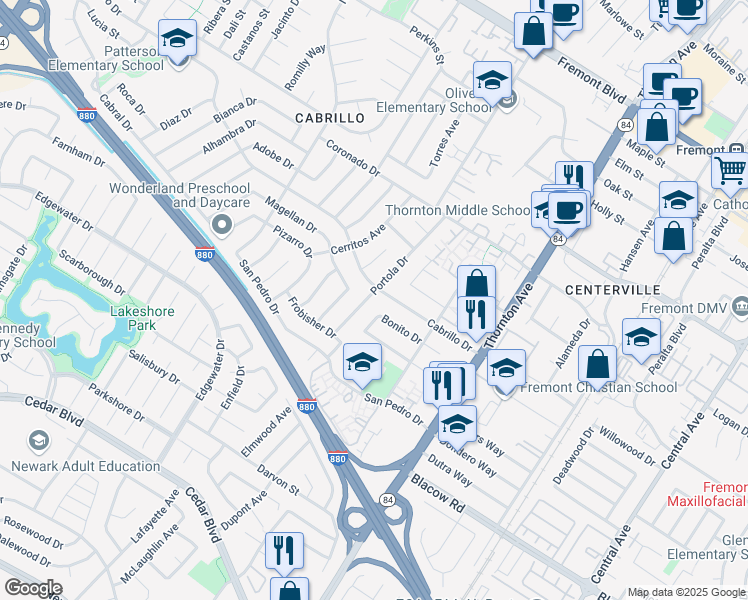 map of restaurants, bars, coffee shops, grocery stores, and more near 4708 Portola Drive in Fremont