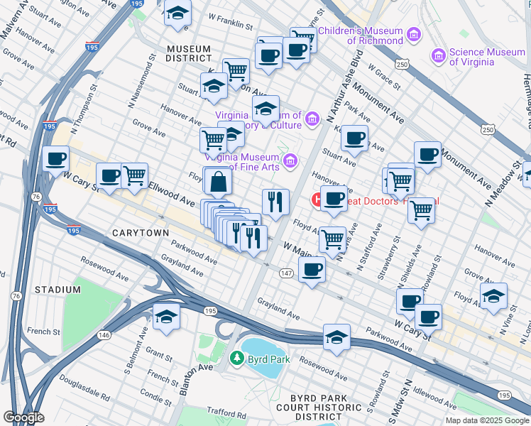 map of restaurants, bars, coffee shops, grocery stores, and more near 2821 Floyd Avenue in Richmond
