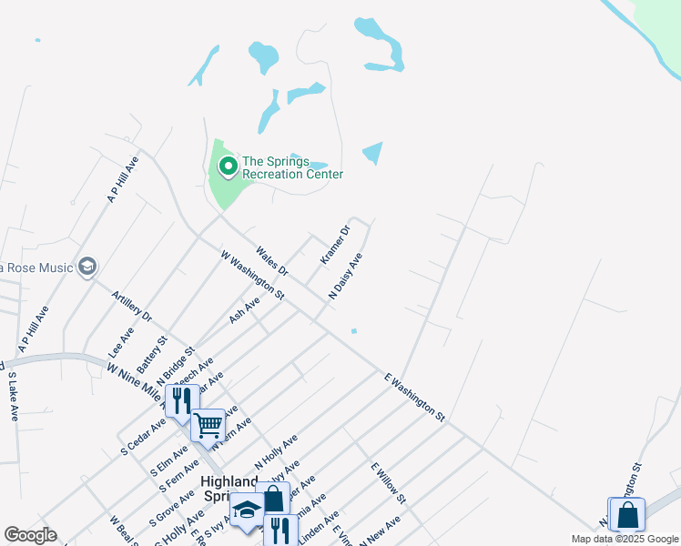 map of restaurants, bars, coffee shops, grocery stores, and more near 410 North Daisy Avenue in Highland Springs
