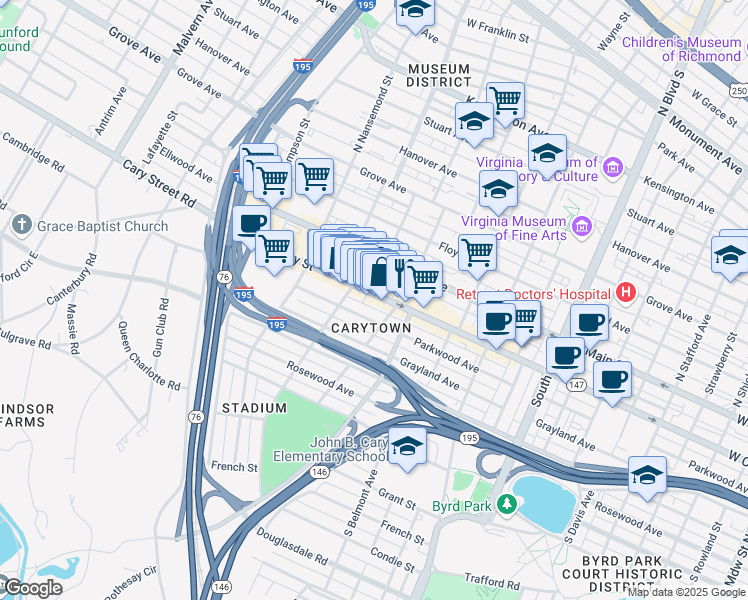 map of restaurants, bars, coffee shops, grocery stores, and more near 3321 West Cary Street in Richmond