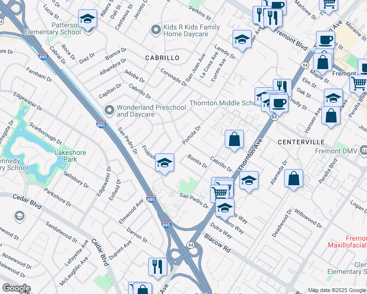 map of restaurants, bars, coffee shops, grocery stores, and more near 4708 Portola Drive in Fremont