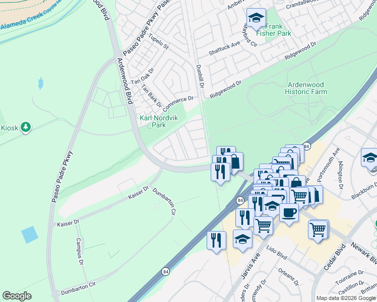 map of restaurants, bars, coffee shops, grocery stores, and more near 34556 Willbridge Terrace in Fremont