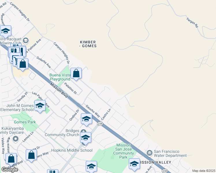 map of restaurants, bars, coffee shops, grocery stores, and more near 250 Clara Terrace in Fremont