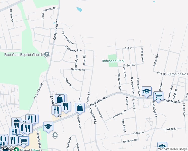 map of restaurants, bars, coffee shops, grocery stores, and more near 107 Orams Lane in Richmond