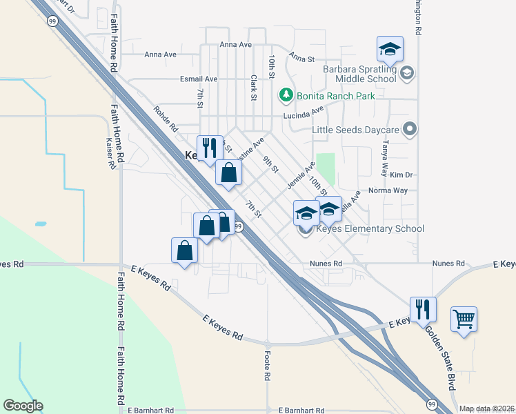 map of restaurants, bars, coffee shops, grocery stores, and more near 5574 7th Street in Keyes