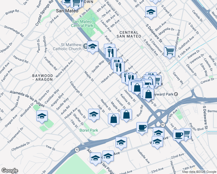 map of restaurants, bars, coffee shops, grocery stores, and more near 112 Madison Avenue in San Mateo