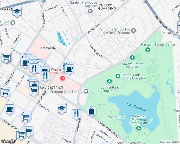 map of restaurants, bars, coffee shops, grocery stores, and more near 1960 Barrymore Common in Fremont