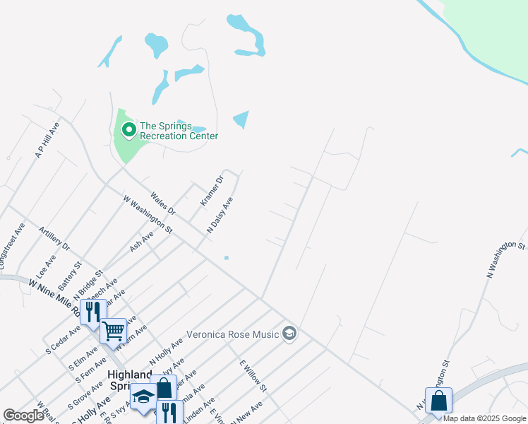 map of restaurants, bars, coffee shops, grocery stores, and more near 410 North Ivy Avenue in Highland Springs