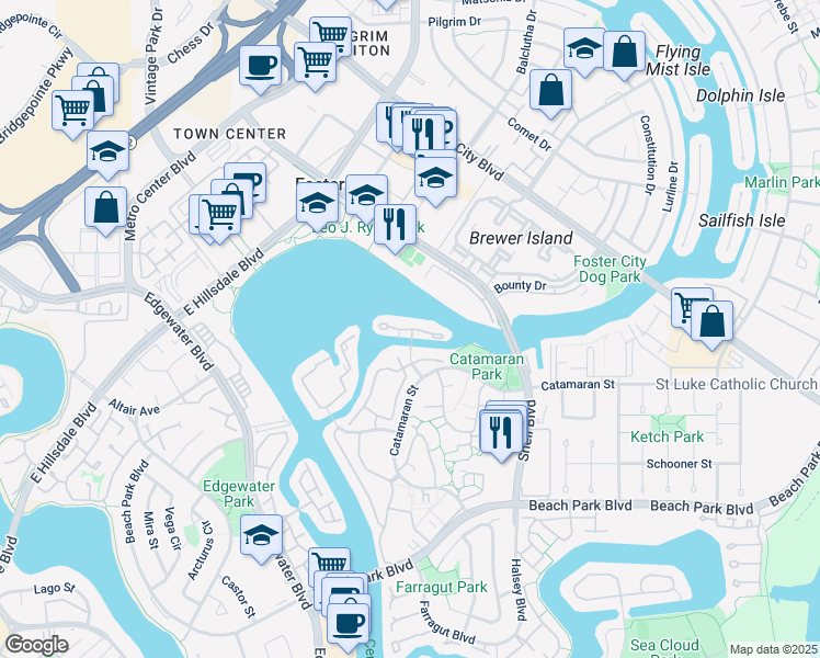 map of restaurants, bars, coffee shops, grocery stores, and more near 1016 Lido Lane in Foster City