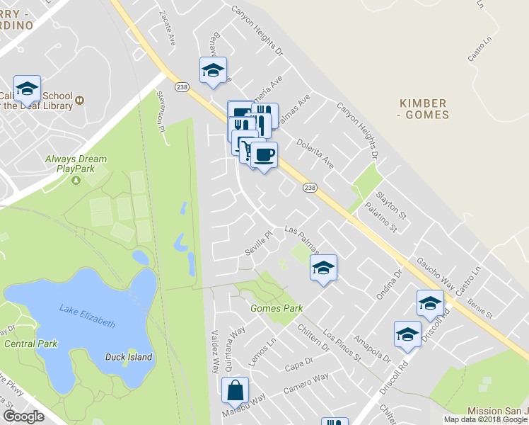 map of restaurants, bars, coffee shops, grocery stores, and more near 40326 San Sebastian Place in Fremont