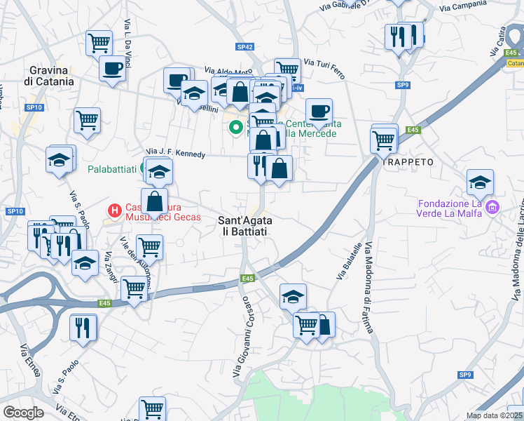 map of restaurants, bars, coffee shops, grocery stores, and more near 79 Via Umberto in Sant'Agata li Battiati