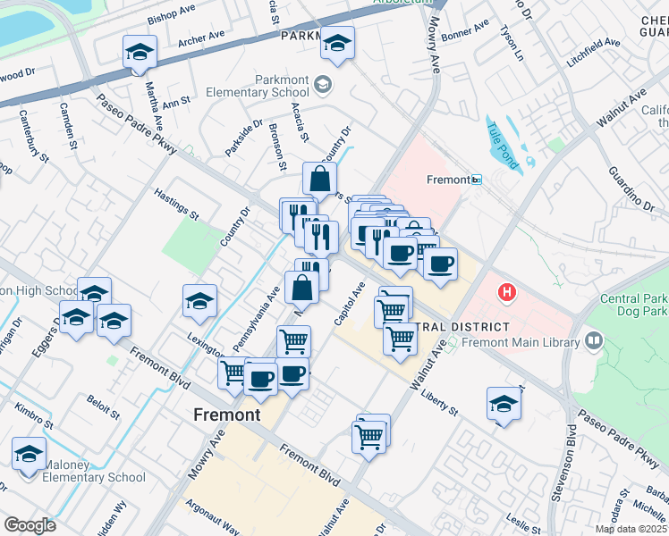 map of restaurants, bars, coffee shops, grocery stores, and more near 38929-38989 Paseo Padre Pkwy in Fremont