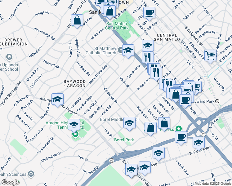 map of restaurants, bars, coffee shops, grocery stores, and more near 239 Seville Way in San Mateo