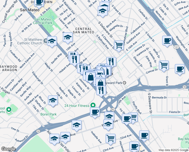 map of restaurants, bars, coffee shops, grocery stores, and more near 29 16th Avenue in San Mateo