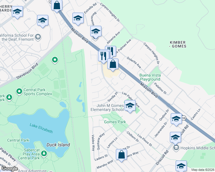 map of restaurants, bars, coffee shops, grocery stores, and more near 40326 San Sebastian Place in Fremont