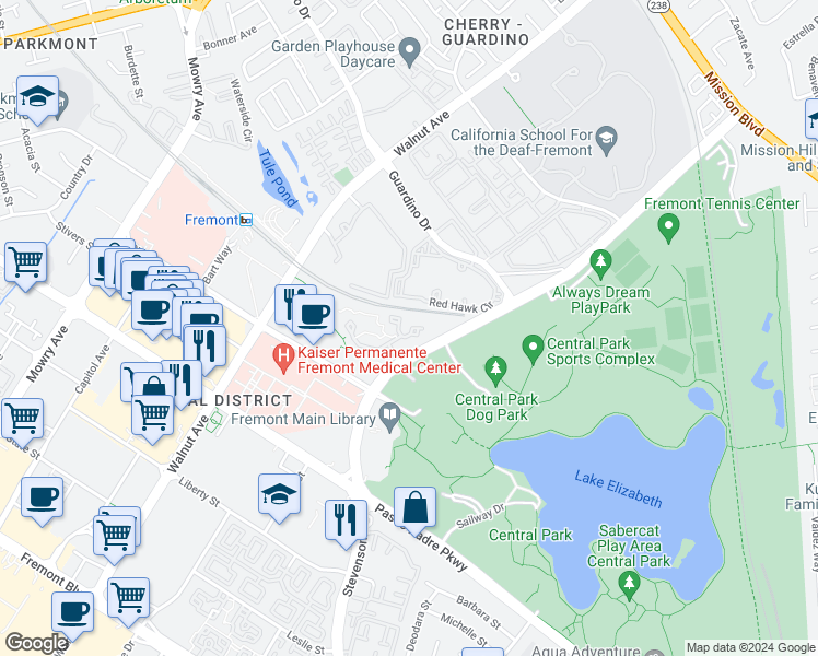 map of restaurants, bars, coffee shops, grocery stores, and more near 1945 Barrymore Common in Fremont