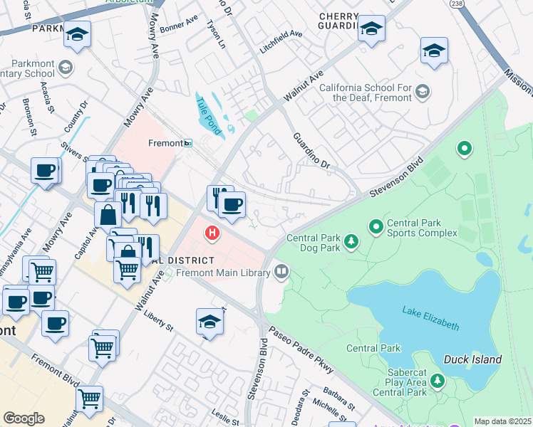 map of restaurants, bars, coffee shops, grocery stores, and more near 39470 Albany Common in Fremont