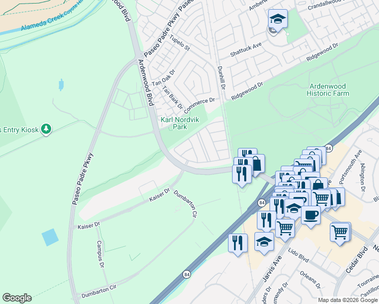 map of restaurants, bars, coffee shops, grocery stores, and more near 34535 Milburn Terrace in Fremont