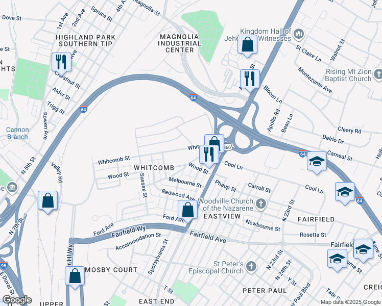 map of restaurants, bars, coffee shops, grocery stores, and more near 2510 Glenlea Avenue in Richmond