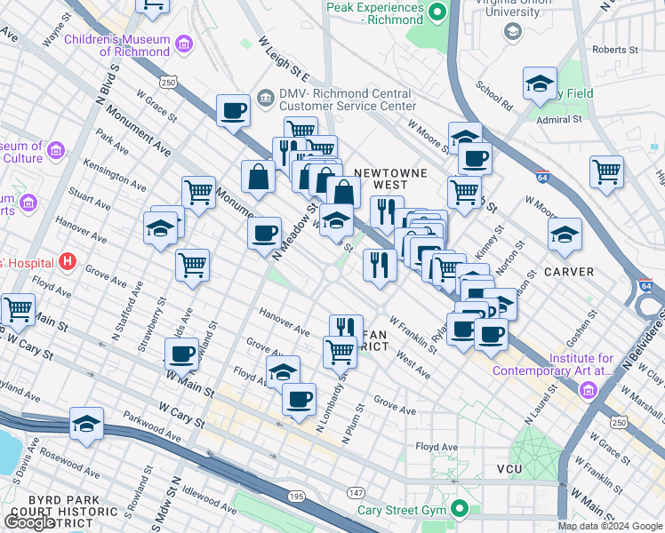 map of restaurants, bars, coffee shops, grocery stores, and more near 1700 Monument Avenue in Richmond