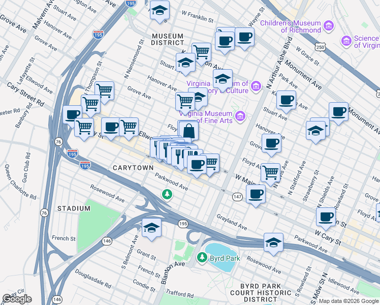 map of restaurants, bars, coffee shops, grocery stores, and more near 3035 Ellwood Avenue in Richmond