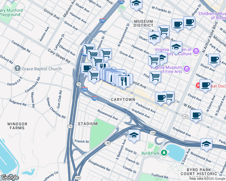 map of restaurants, bars, coffee shops, grocery stores, and more near 3402 Parkwood Avenue in Richmond