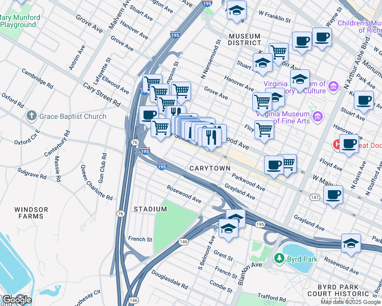 map of restaurants, bars, coffee shops, grocery stores, and more near 3406 Parkwood Avenue in Richmond