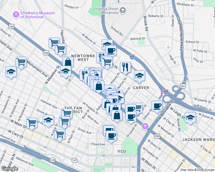 map of restaurants, bars, coffee shops, grocery stores, and more near 1400 West Marshall Street in Richmond